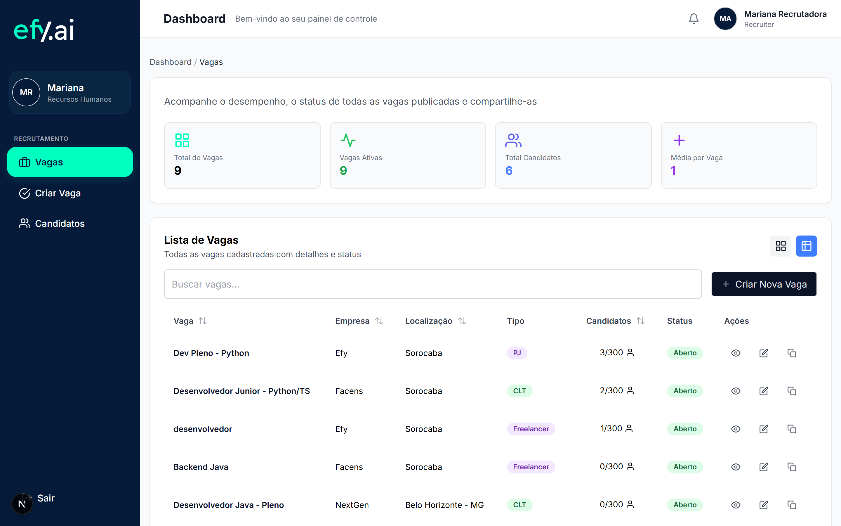 Plataforma Efy AI com Dashboard de Match de Talentos e Gestão de RH